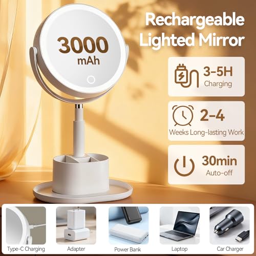 White 20X Magnifying Lighted Vanity Mirror with Storage Base – Double Sided