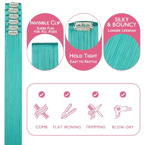 Colorful Clip-In Hair Extensions - Teal Green 16 Inch Human Hair, 6 Pieces