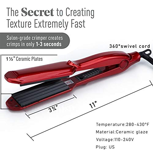 Red Ceramic Hair Crimper Iron for Volumizing & Anti-Static Styling - Adjustable Temp