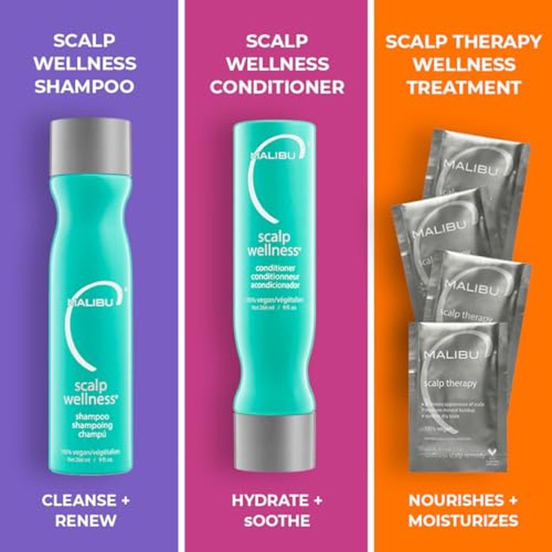 Malibu C Scalp Wellness Collection - Soothing Shampoo and Conditioner Hair Care Set for Dry Scalp - Formulated with Vitamin C Antioxidant Complex - Travel Size Scalp Remedy Packets Included (33.8 oz)