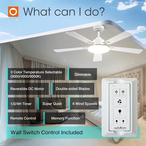 White 52 Inch Ceiling Fan with Lights Remote Wall Switch - Addlon