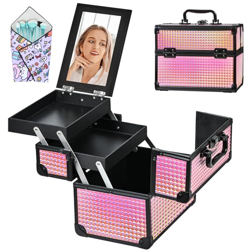 Makeup Train Case Organizer with Mirror and Pouch - Black Bright Pink Variation