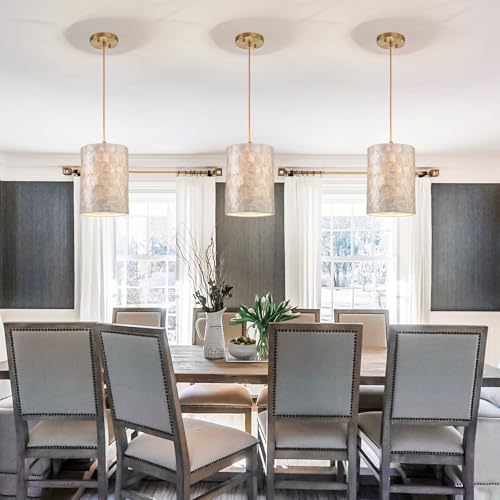LumFurn D7in Gold Capiz Shell Chandelier - Adjustable Coastal Ceiling Light Fixture