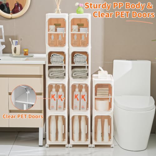 AntStep 4-Tier Slim Bathroom Storage Cabinet - Tall Narrow Organizer with Wheels, Adjustable Shelves, Cream White