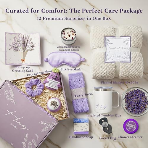 Birthday Gifts for Women, Self Care Hug in a Box Lavender Spa Gift Basket, Thinking of You Inspirational Gift for Wife Mom Sister New Mom or Friend with Flannel Blanket Knitted Eggplant and Pocket Hug