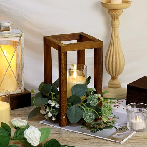 Set of 6 Wooden Lantern Centerpieces with Eucalyptus Wreaths and LED Candles for Wedding & Party Decor - Green Variation