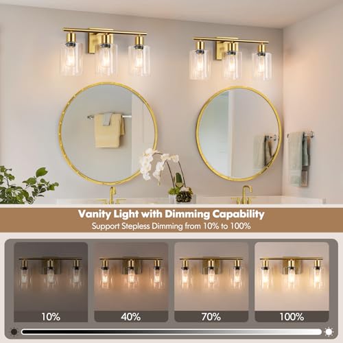 Brightever Gold Battery Operated 3-Light Dimmable Wireless Vanity Wall Sconce with Remote