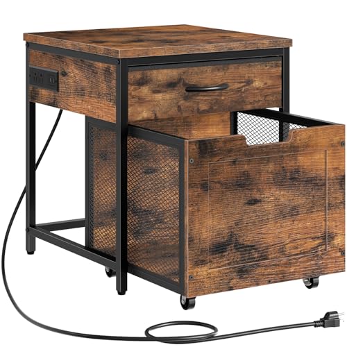 Mini Fridge Stand with Drawer & Power Outlet - Rustic Brown & Black