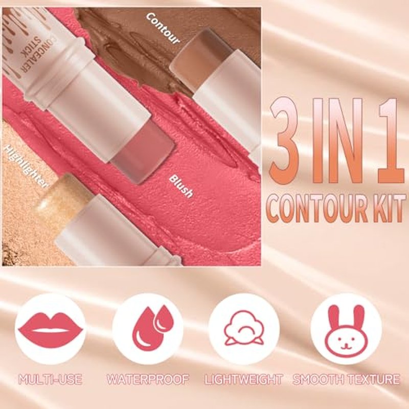 3Pcs Cream Contour Sticks Kit, Highlighter Stick Blush Stick Cream Contour Kit Makeup Set with Brush,Face Brightens & Shades Contour Stick Waterproof for Women