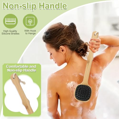 Silicone Back Scrubber for Shower, 2PCS Silicone Bath Body Brush Loofah with Long Handle, Dual-Sided Shower Brush for Body, Black Exfoliating Body Scrubber for Men Women, Back Washer for Men with Hook