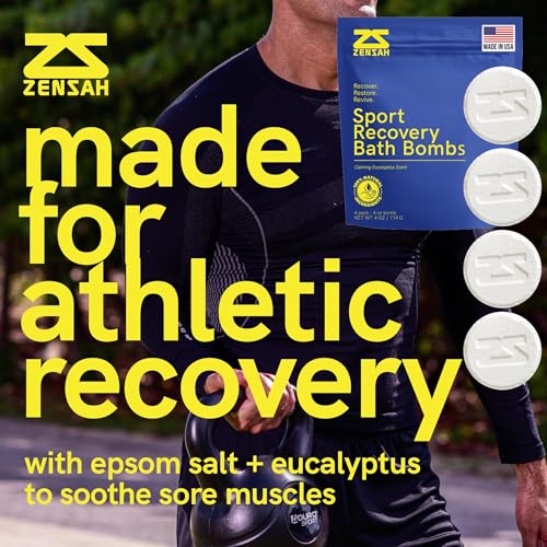 Zensah Eucalyptus Recovery Bath Bombs - Magnesium Epsom Salt for Sore Muscles, Relaxation, 4-Pack