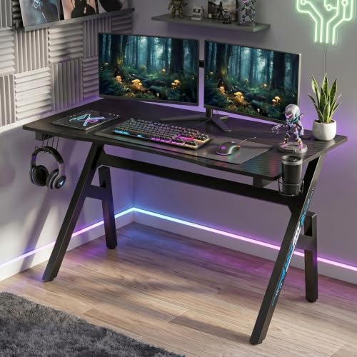 47-Inch R-Shaped Gaming Desk - Black & Blue Computer Table, Easy Assembly
