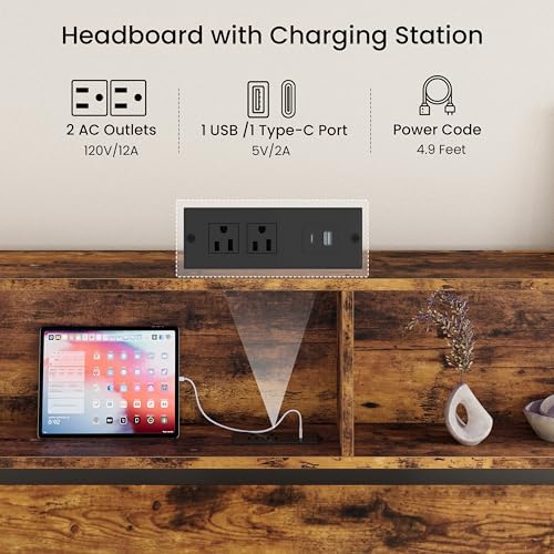 Queen Size Headboard with LED Lighting and Charging Station - Industrial Brown