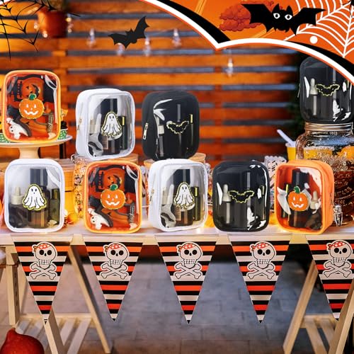Sunnymove Organer Halloween Makeup Bag with Pumpkin Ghost Bat Chenille Patches, 9 Pack, Cute & Transparent