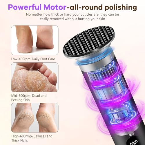 CYFERUY Electric Foot Callus Remover with 2 Nano-Glass Heads, 3 Speed, 2000mAh USB-C Rechargeable, Premium Aluminum Cordless Foot File (Black Silver)