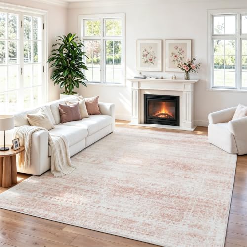 Pink Washable Area Rug 8x10 for Living Room & Bedroom - Non-Slip, Recycled Material, Pink-White Variation