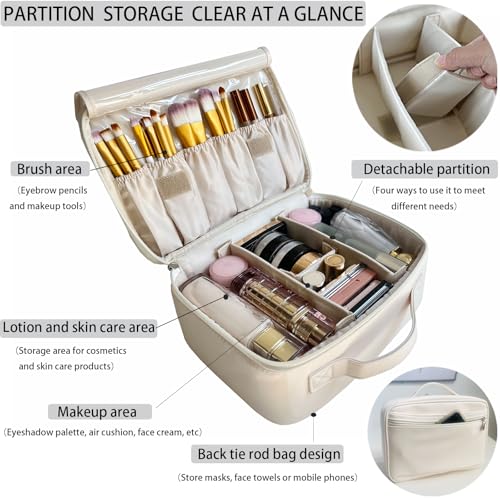 MKPCW Multifunctional Travel Makeup Bag Cosmetic Organizer with Removable Dividers, Brush Holder & Luggage Strap ? Waterproof Large Capacity Toiletry Pouch for Women, Gym, Daily Use (White)