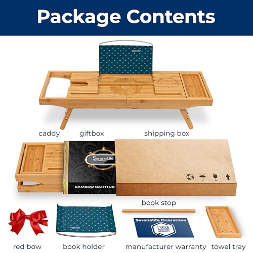 SereneLife 2-in-1 Foldable Bamboo Bathtub Caddy - Adjustable, Non-Slip, Device & Wine Glass Holder, Standard, Folding Set