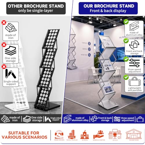 7-Pocket Brochure Display Stand - Adjustable Literature Rack with Carrying Bag - Silver