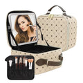 Travel Makeup Bag With 360¡Æ rotating LED Mirror,Waterproof cosmetic organizer,Portability Cosmetic case,Makeup organizer,Gift for Women,Girls Gift (Beige + Brown)