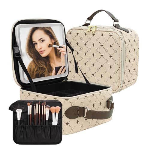 Travel Makeup Bag With 360¡Æ rotating LED Mirror,Waterproof cosmetic organizer,Portability Cosmetic case,Makeup organizer,Gift for Women,Girls Gift (Beige + Brown)