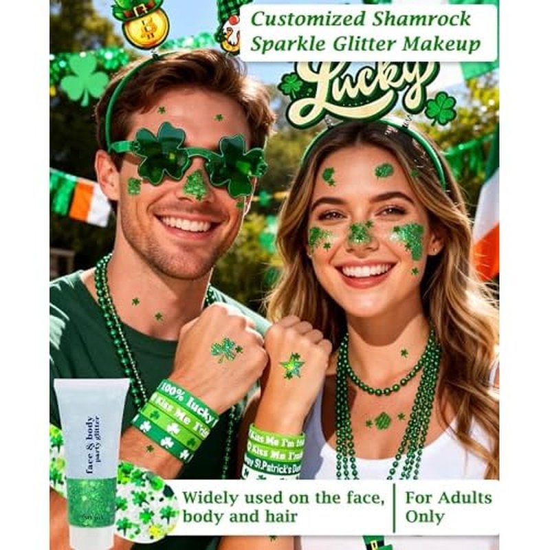 117 Pcs St. Patrick's Day Accessories Kit , Custom Shamrock Green Glitter Gel, Necklaces, Headbands, Shamrock Eyeglasses, Bracelets ,Tattoo Stickers, Irish Party Favors Festival Decorations