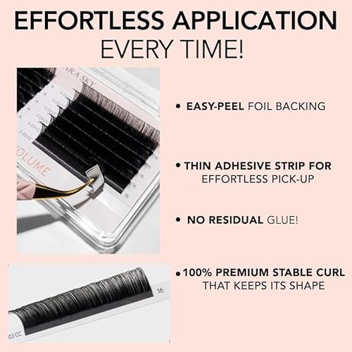 KIARA SKY LASH Cashmere Volume Lash Extensions | Premium Cashmere Lash Extensions | Soft Semi-matte natural finish | For Professional Eyelash Extensions Use Only | Black, (CC-0.03-16mm)