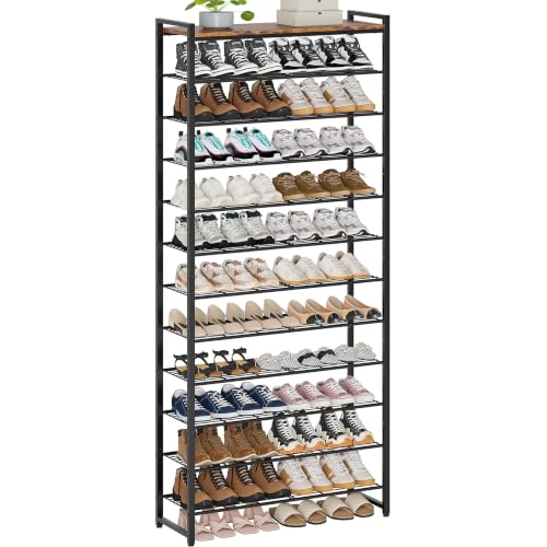 Rustic Brown and Black 12-Tier Metal Shoe Rack with Wood Top - Adjustable Boot Storage, Narrow Design for Entryway & Closet