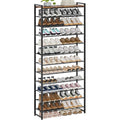 Rustic Brown and Black 12-Tier Metal Shoe Rack with Wood Top - Adjustable Boot Storage, Narrow Design for Entryway & Closet