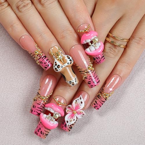 Press On Nails Y2K Pink Leopard Charm Design - Handmade, Variation 0040 / S