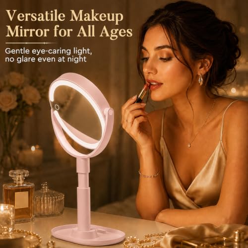 Pink Makeup Mirror with Lights, 30X Magnification, Adjustable Height Vanity Mirror
