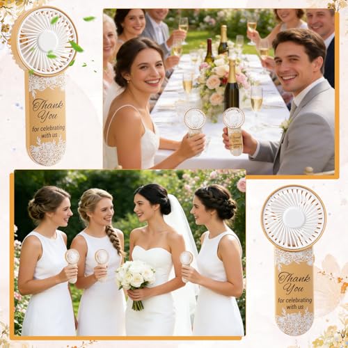 Brown Mini Electric Handheld Wedding Fans Pack of 50 with Thank You & Flower Patterns