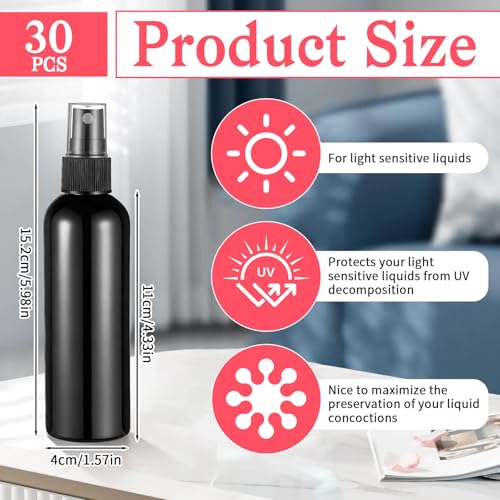 SHENLIU 30 Pack Black Empty Spray Bottles 4oz with Cap, Plastic Fine Mist Spraying Bottles Portable Small Refillable Sprayer Liquid Container for Perfume Cleaning Essential Oil