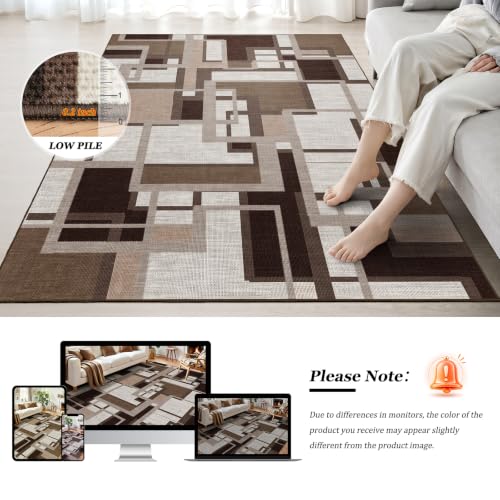 Mocha Brown Geometric Area Rug 6x9 - Washable, Non-Slip Living Room Carpet