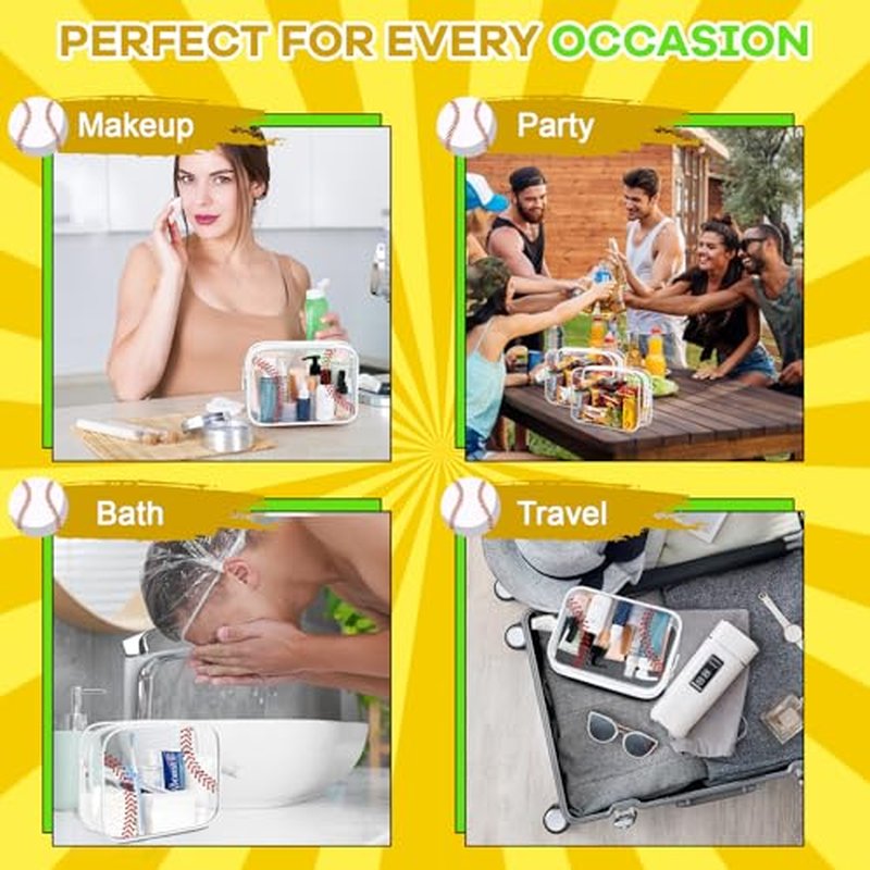 14PCS Clear Baseball Cosmetic Bags, Waterproof PVC Travel Makeup Organizer with Zipper,Transparent Toiletry Pouch, Goodie Snack Bags for Girls Team Players, Baseball Gift Accessories