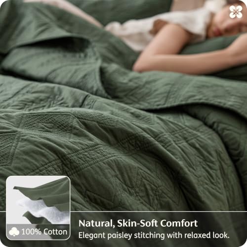 Bedsure PureWoven 100% Cotton Quilt Set Queen Olive Green - Tribal Geometry