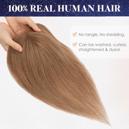 Elailite Human Hair Topper 11 Inch Light Brown Hand-Tied Lace Base Clip-In for Thin Hair - Variation #06