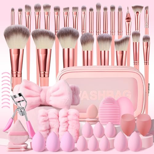 Pink Makeup Brush Set with Case - 61 Professional Synthetic Face & Eye Brushes