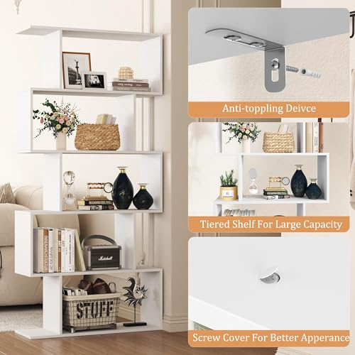 White 5-Tier Geometric Bookcase with Modern Design, 27.8W x 9.5D x 61.8H Shelf