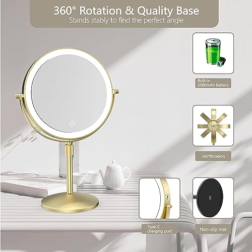 MIROAMZ 8-Inch Lighted Makeup Mirror with 10X Magnification & Adjustable Height - Gold