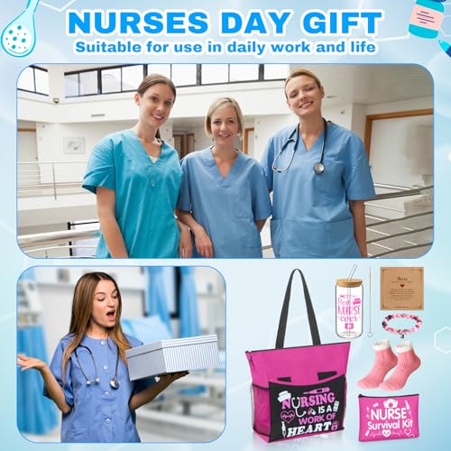 5 Pcs Valentine Nurse Gifts for Women Include Ribbon Zippered Tote Bag Makeup Bag 16 oz Glass Cup Bracelets and Sock Appreciation Gift Set for Galentines Female Gift(Hot Pink,Nurse)
