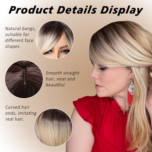 Balayage Layered Bob Wig - Ombre Blonde with Black Roots, Honey Blonde Highlights, 18 Inch Synthetic Wig with Thick Bangs & Curved Tail - Honey Blonde Variation