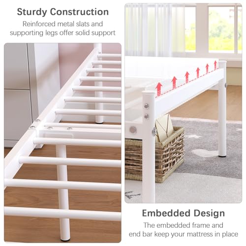 White Twin Bed Frame with Heart Headboard - Heavy Duty Metal Platform for Kids & Teens