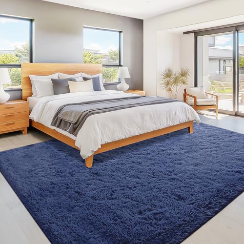 VECARF Navy Blue 8'x10' Shag Area Rug - Soft Washable Fuzzy Indoor Carpet for Living Room & Bedroom