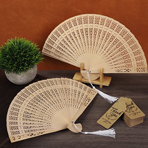Wooden Folding Hand Fans 8-Inch Sandalwood Vintage Chinese Fans with Tassels & Gift Set