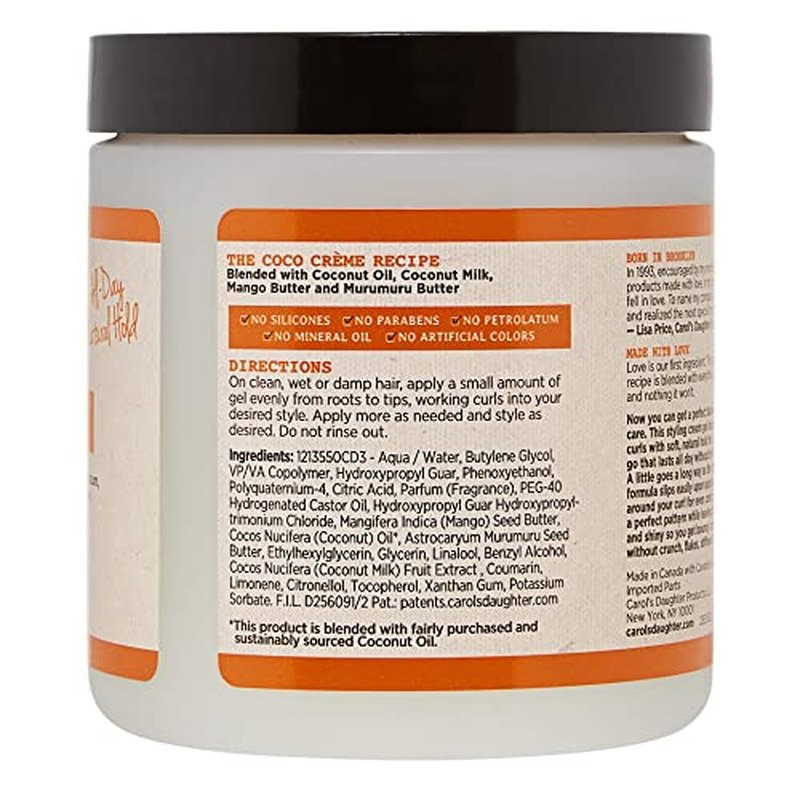 Carol¡¯s Daughter Coco Creme Curl Shaping Cream Gel,with Coconut Oil,Coconut Milk,Hair Gel for Curly Hair,Silicone,Paraben and Mineral Oil Free,For Very Dry Split Ends,16 Oz,(Pack of 2)