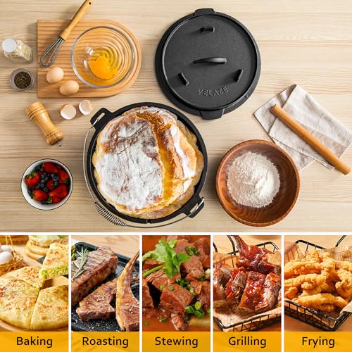10QT Cast Iron Camping Dutch Oven with Lid - Pre-Seasoned Outdoor Cooking Pot