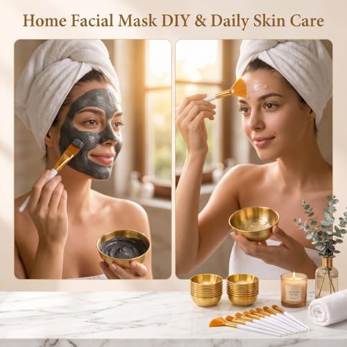 Teenyyou Gold Facial Bowls and Brushes Set - Esthetician & DIY Face Mask Kit - Golden