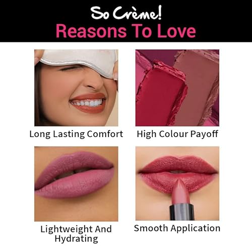Nykaa Cosmetics So Creme Creamy Matte Lipstick - Long-Lasting Lip Color for Women - Weightless Lipstick with Velvety Texture - Wakeup Makeup - 0.1 oz