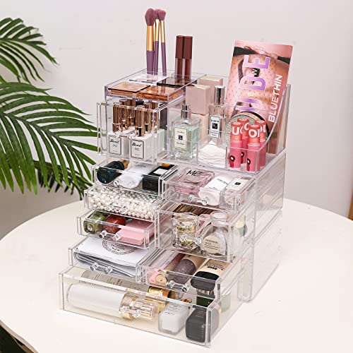 Acrylic Makeup Organizer with 9 Drawers & Top Storage - Clear Stackable Vanity